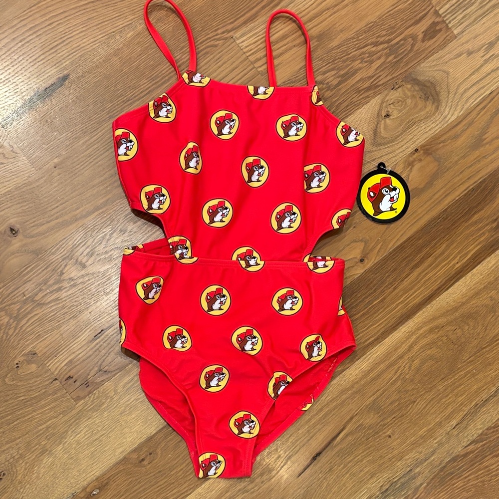 Vibrant Red Kids Swim One Piece with Cartoon Design